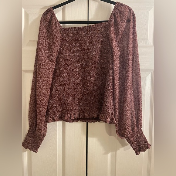 Madewell Floral Smocked cottage milkmaid Purple +white floral print top large - Picture 5 of 9